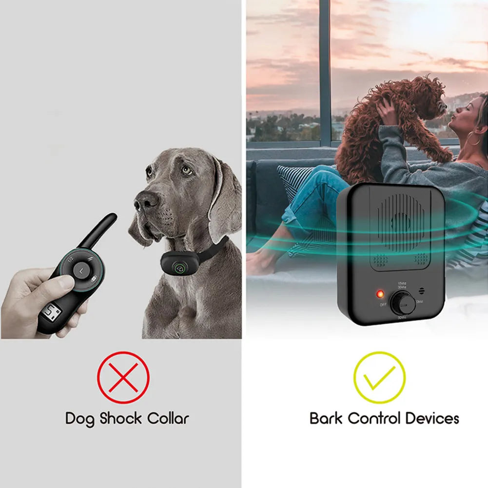 Anit dog barking device eliminates the use of dog shock collars  or muzzles to stop excessive dog barking